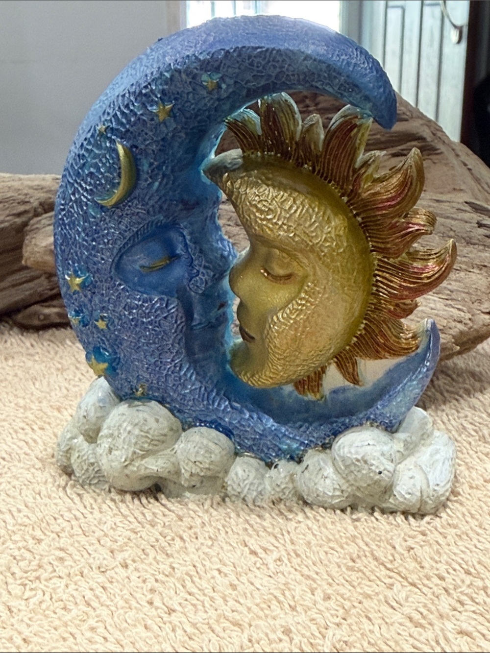 Blue Crescent Moon and Gold Sun Resin Sculpture - Celestial Home Accent